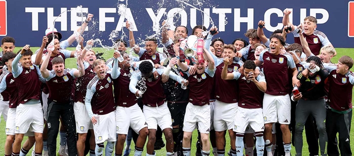 Aston Villa celebrating after winning the FA Cup. Showcase the FA Cup & Youth Cup Dates.