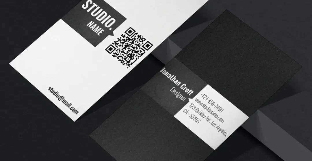 QR Code Modern Ivory Matte Black Minimal Vertical Business Card