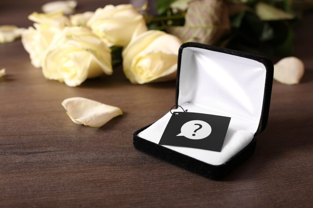 A empty ring box with a question mark to show gen z uncertainty on marriage 

