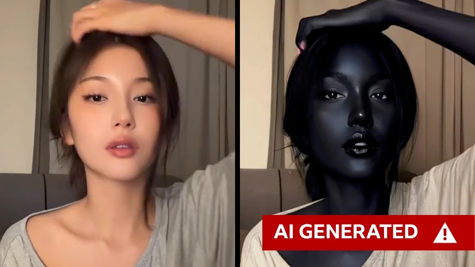 Riya Ulan (left) noticed that her video had been manipulated to show an AI-generated digital persona (right). Photo Credit: BBC