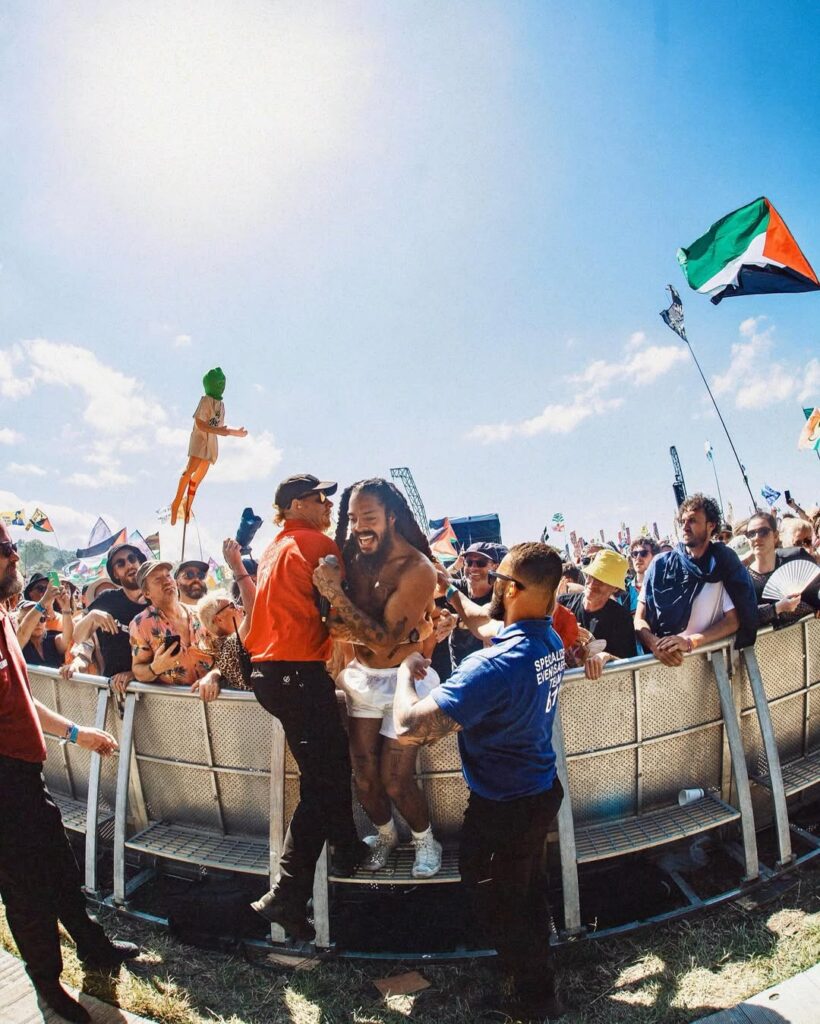 A photograph of Bob Vylan playing live at Glastonbury 2025.