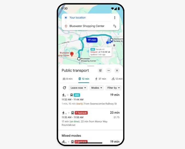The bus tracker will show the live buses on a selected route when you search a public transport journey between destinations on Google Maps (click to zoom) (Picture: Google)