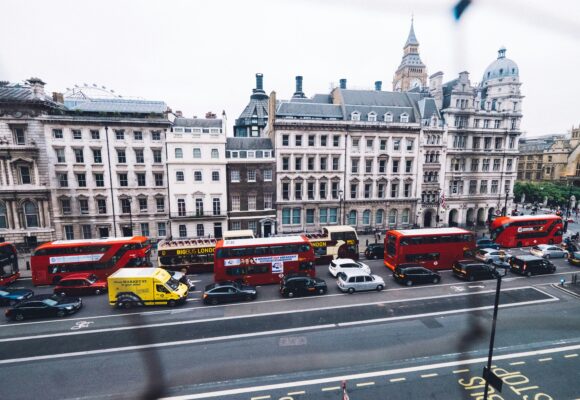 Photoraph of traffic in london with TFL busses