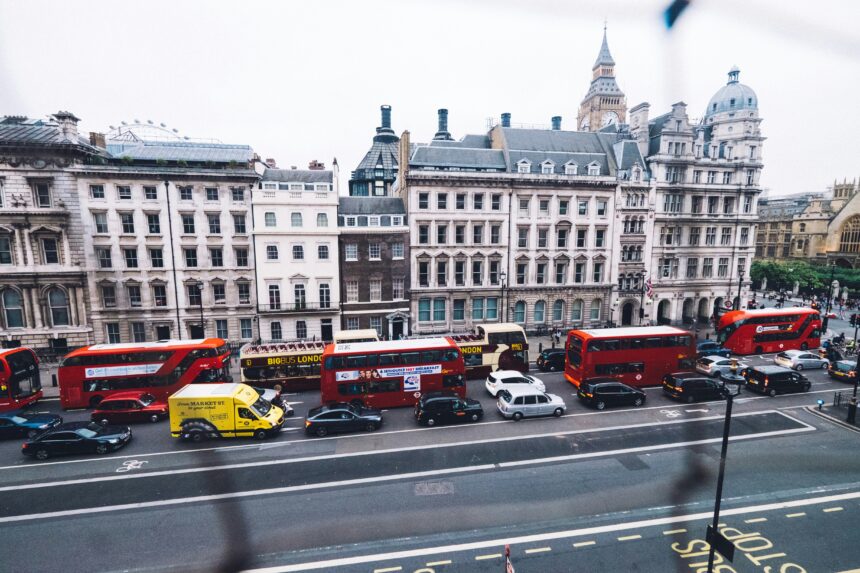 Photoraph of traffic in london with TFL busses