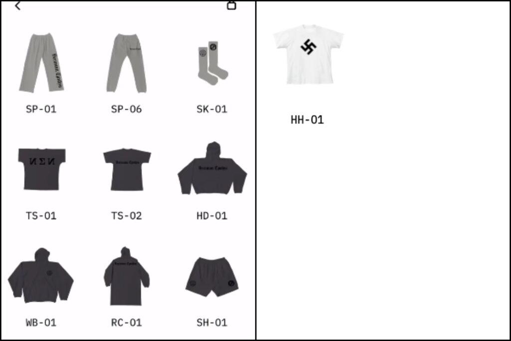 A photograph of Kanye's 2025 antisemitic apparel. Taken from Yeezy.com. Photo Credit: Variety