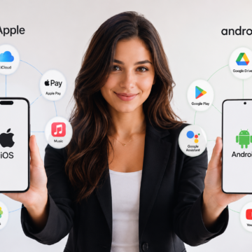 iOS vs Android – Integration vs Specs Woman holding two smartphones side by side, iOS vs Android operating system comparison