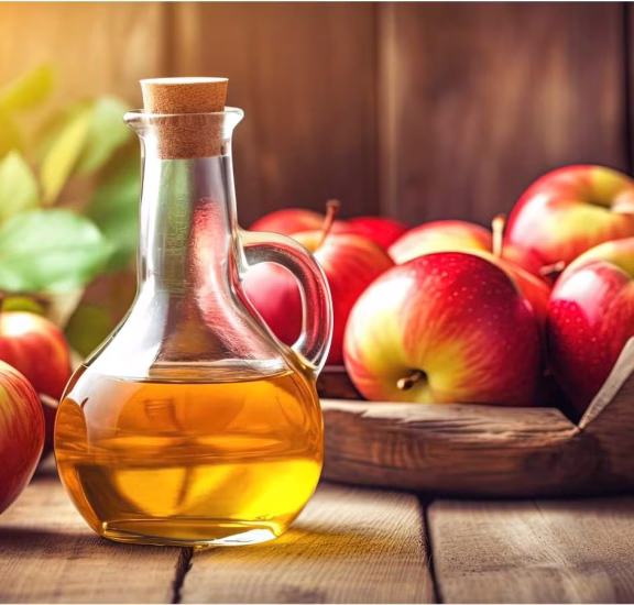 Apples and Apple Cider vinegar on a surface