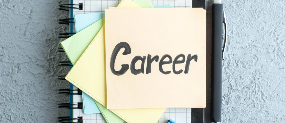 Top view career written note with stickers